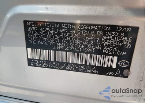 2010 Lexus Is 250 from USA, damaged, VIN JTHBF5C27A5115991